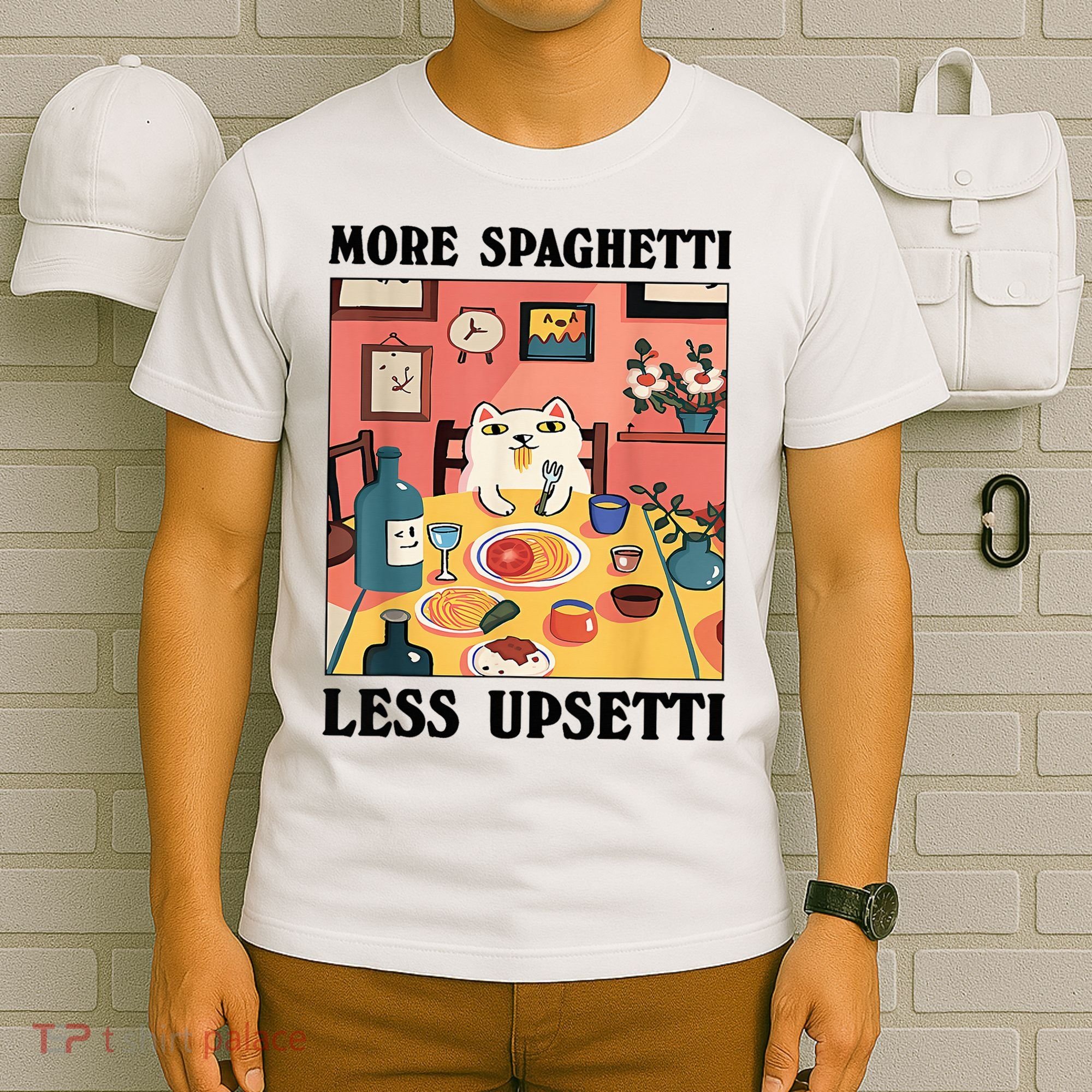 More Spaghetti Less Upsetti Cat Eating Spaghetti T-Shirt
