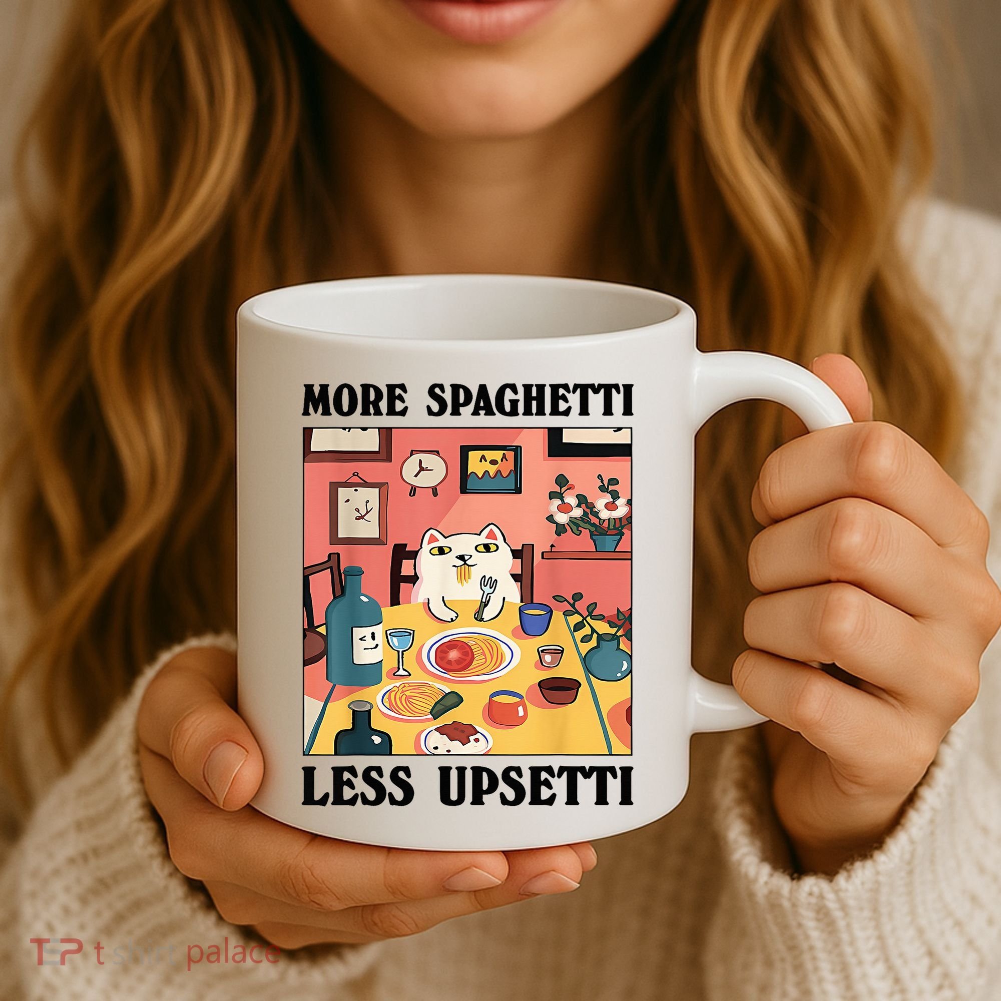 More Spaghetti Less Upsetti Cat Eating Spaghetti Coffee Mug