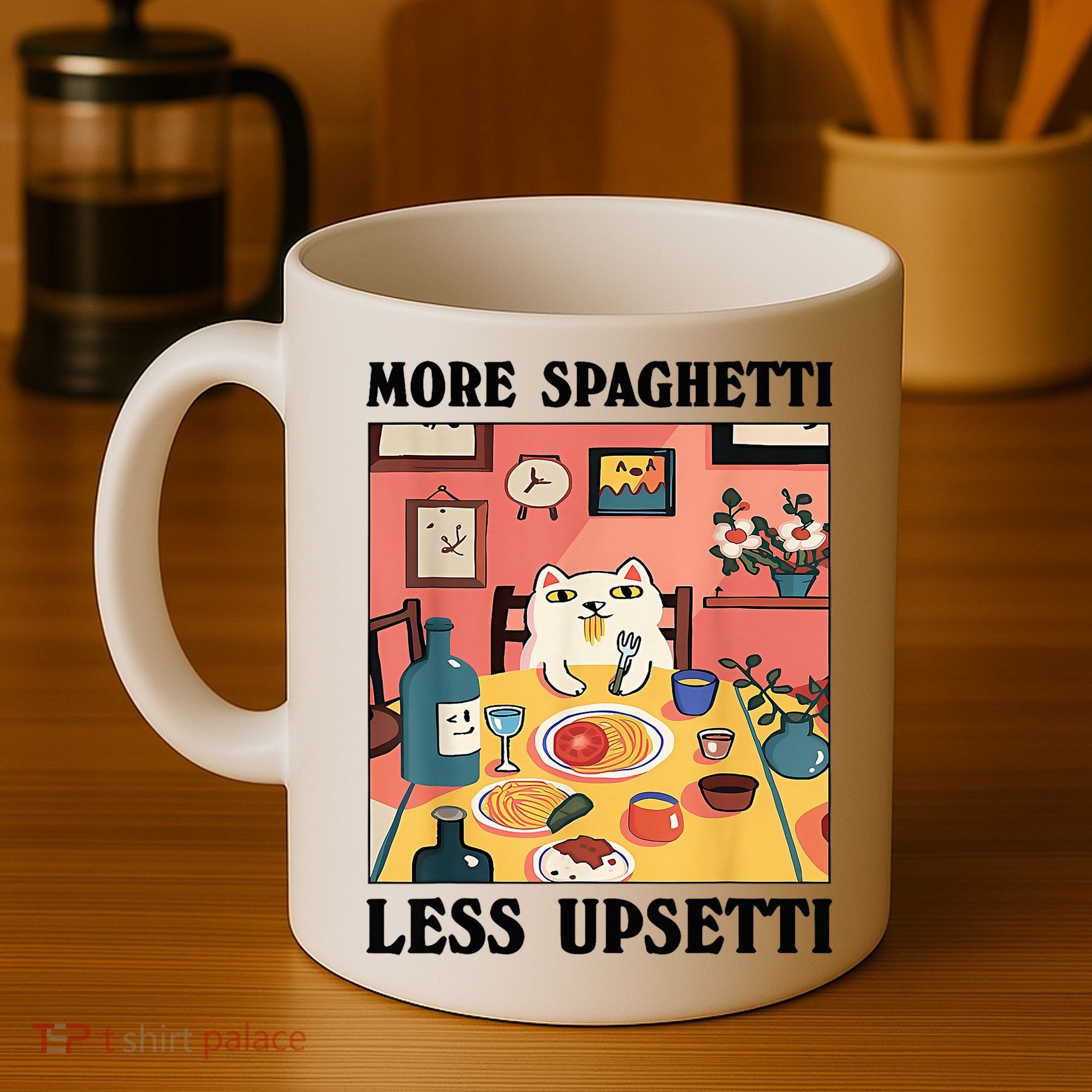 More Spaghetti Less Upsetti Cat Eating Spaghetti Coffee Mug
