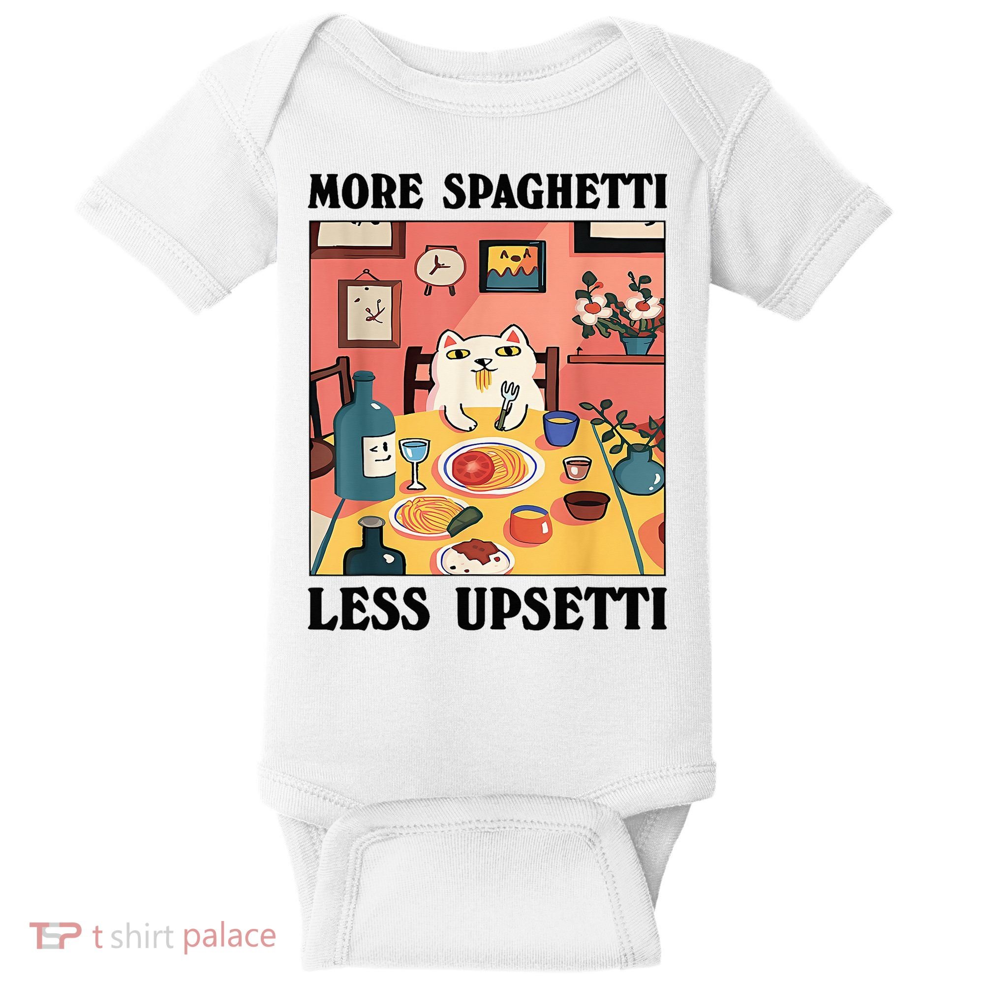 More Spaghetti Less Upsetti Cat Eating Spaghetti Baby Bodysuit