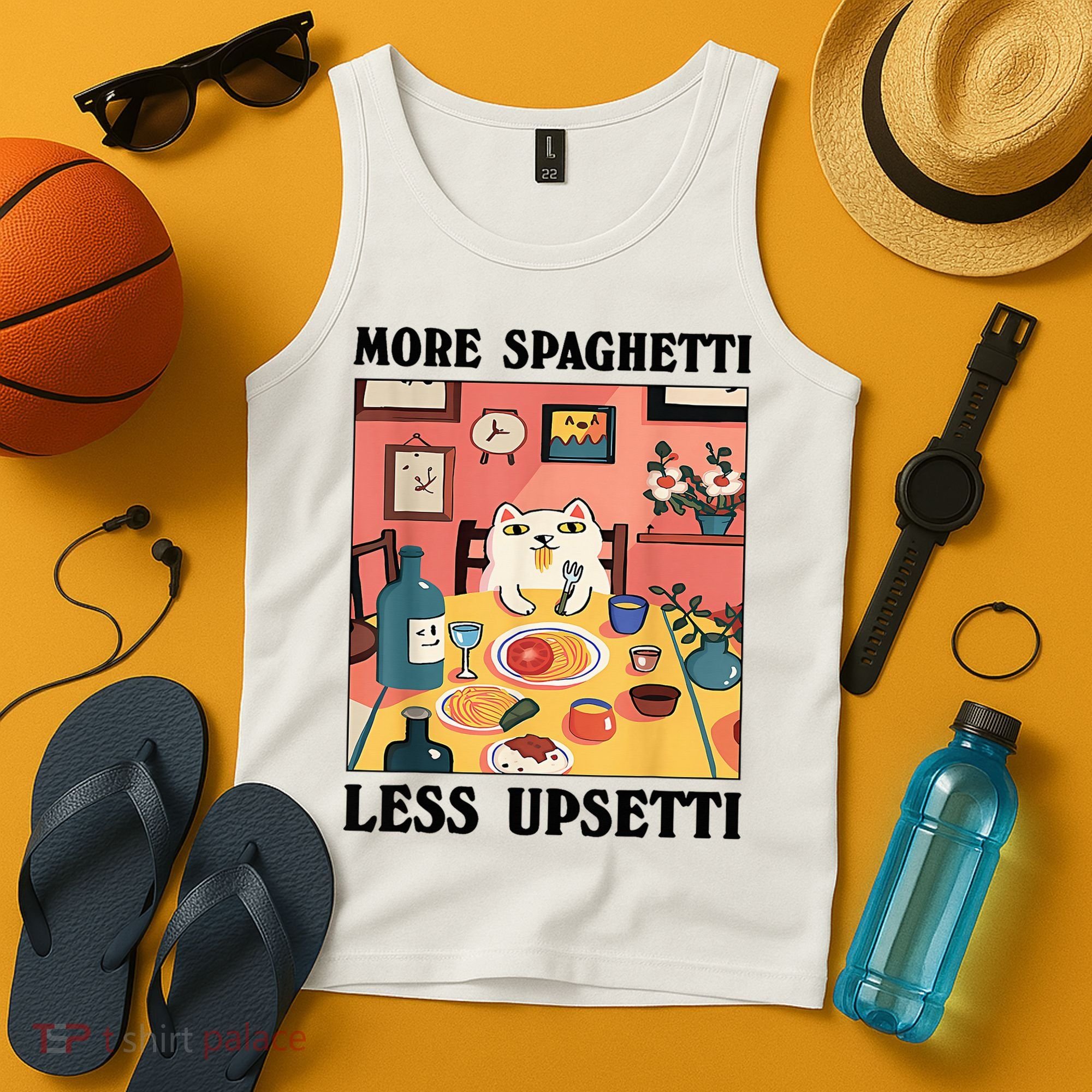 More Spaghetti Less Upsetti Cat Eating Spaghetti Tank Top