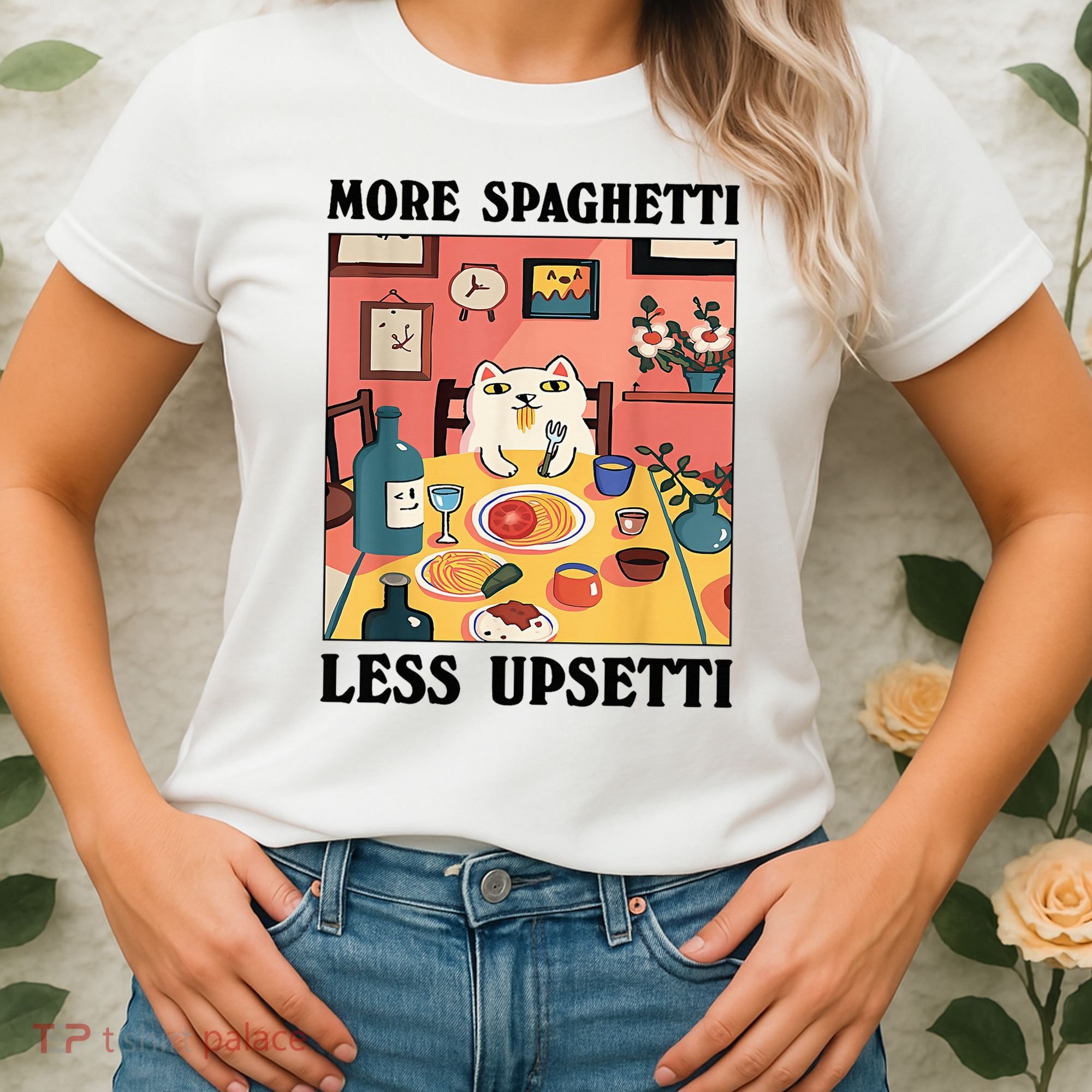 More Spaghetti Less Upsetti Cat Eating Spaghetti Women's T-Shirt