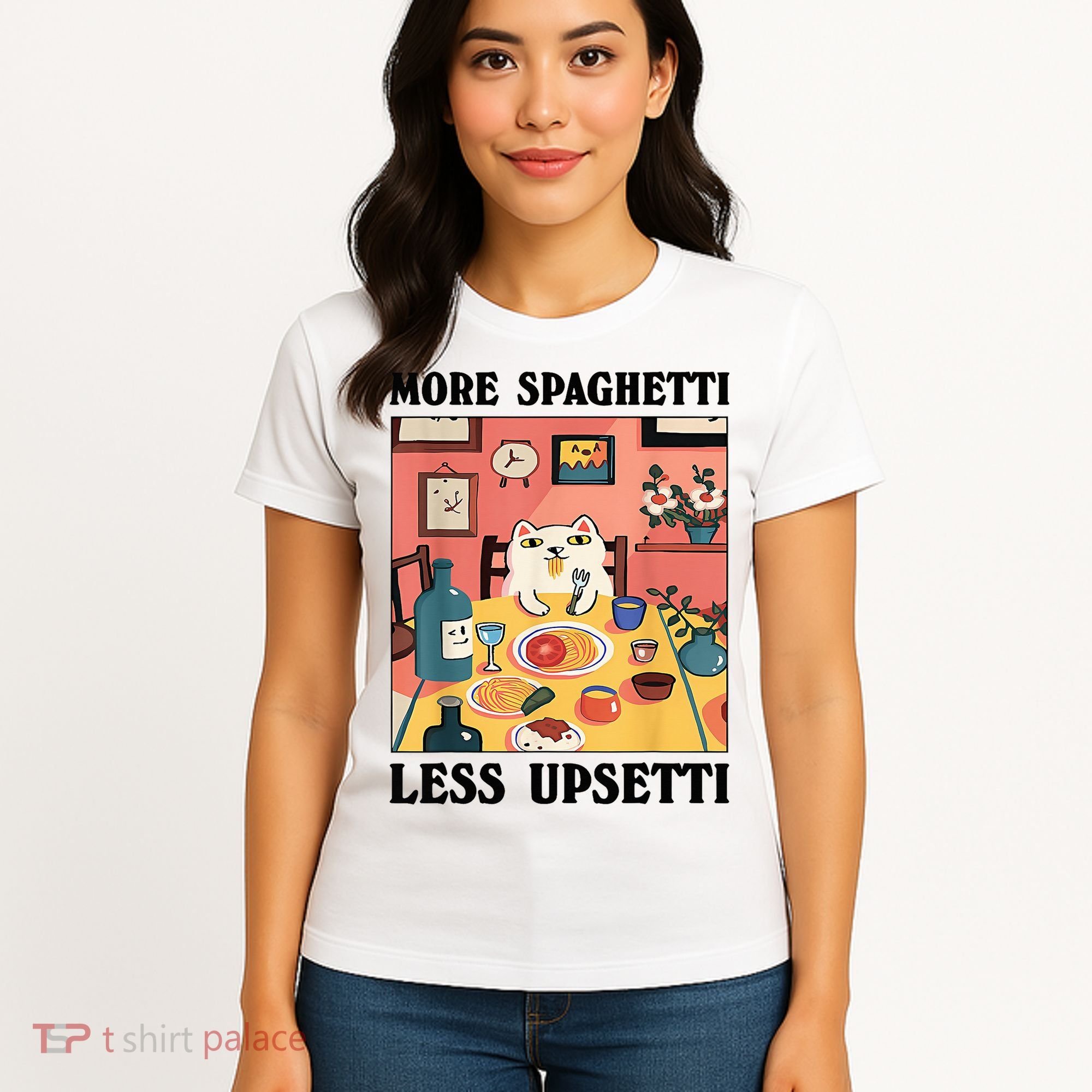 More Spaghetti Less Upsetti Cat Eating Spaghetti Women's T-Shirt
