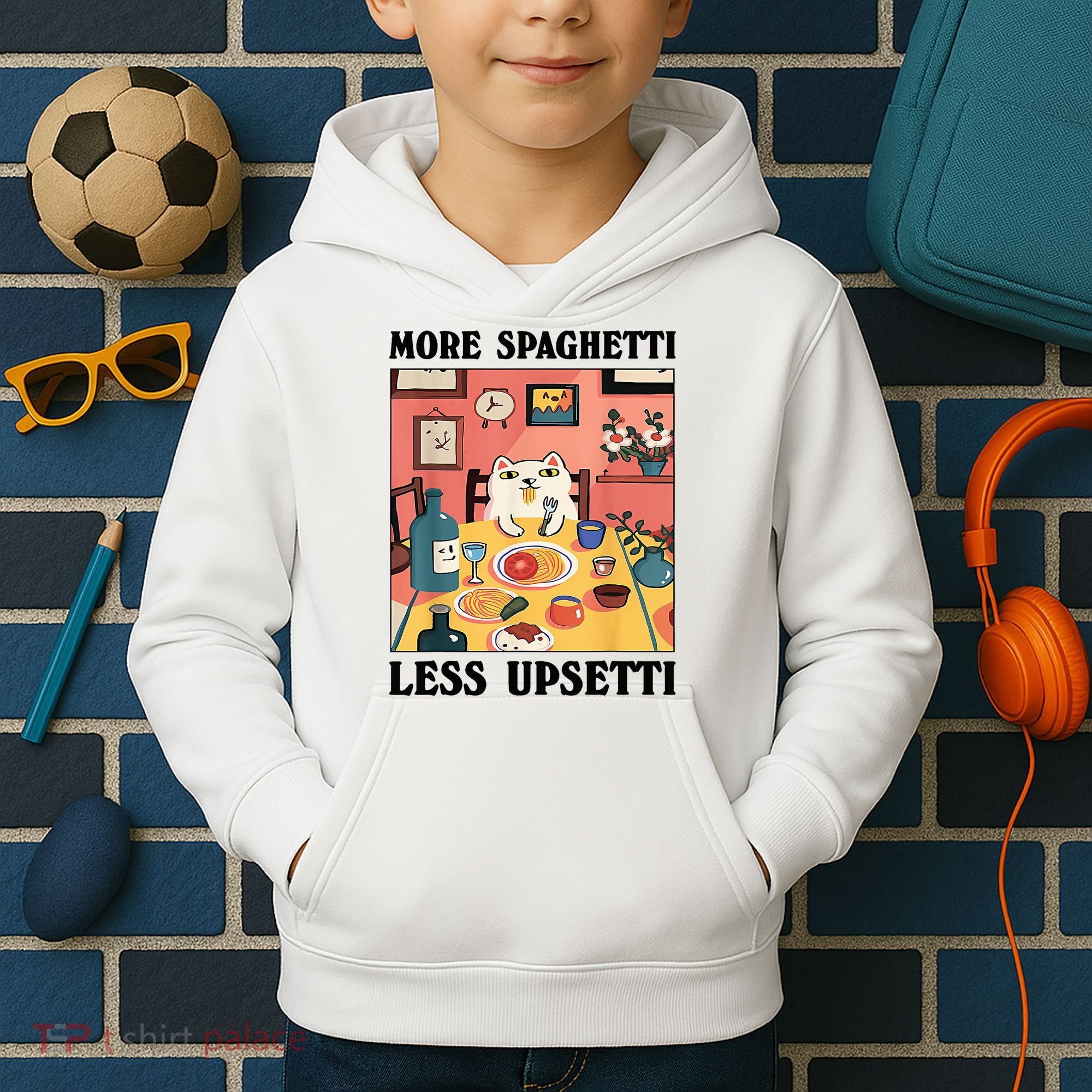 More Spaghetti Less Upsetti Cat Eating Spaghetti Kids Hoodie