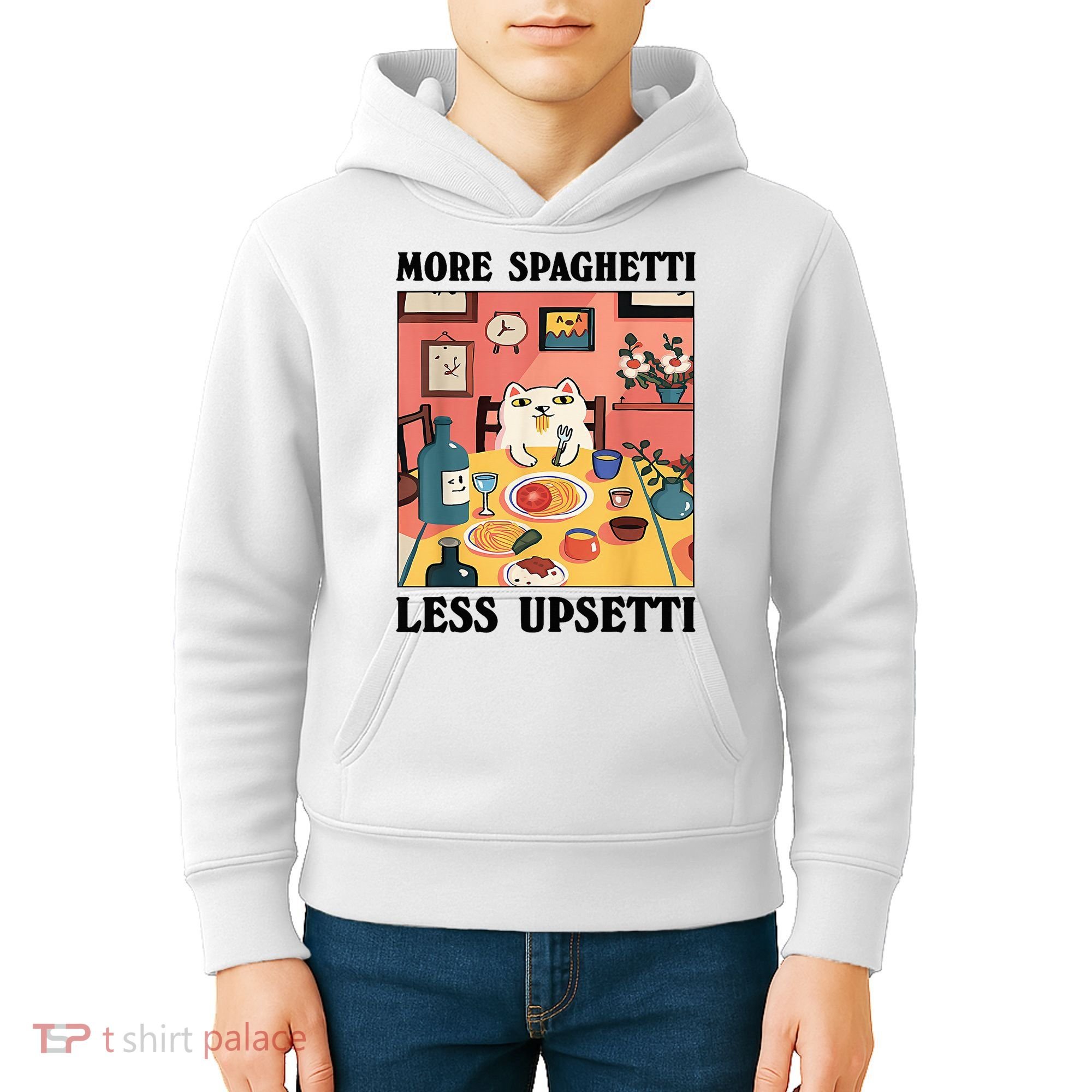 More Spaghetti Less Upsetti Cat Eating Spaghetti Kids Hoodie