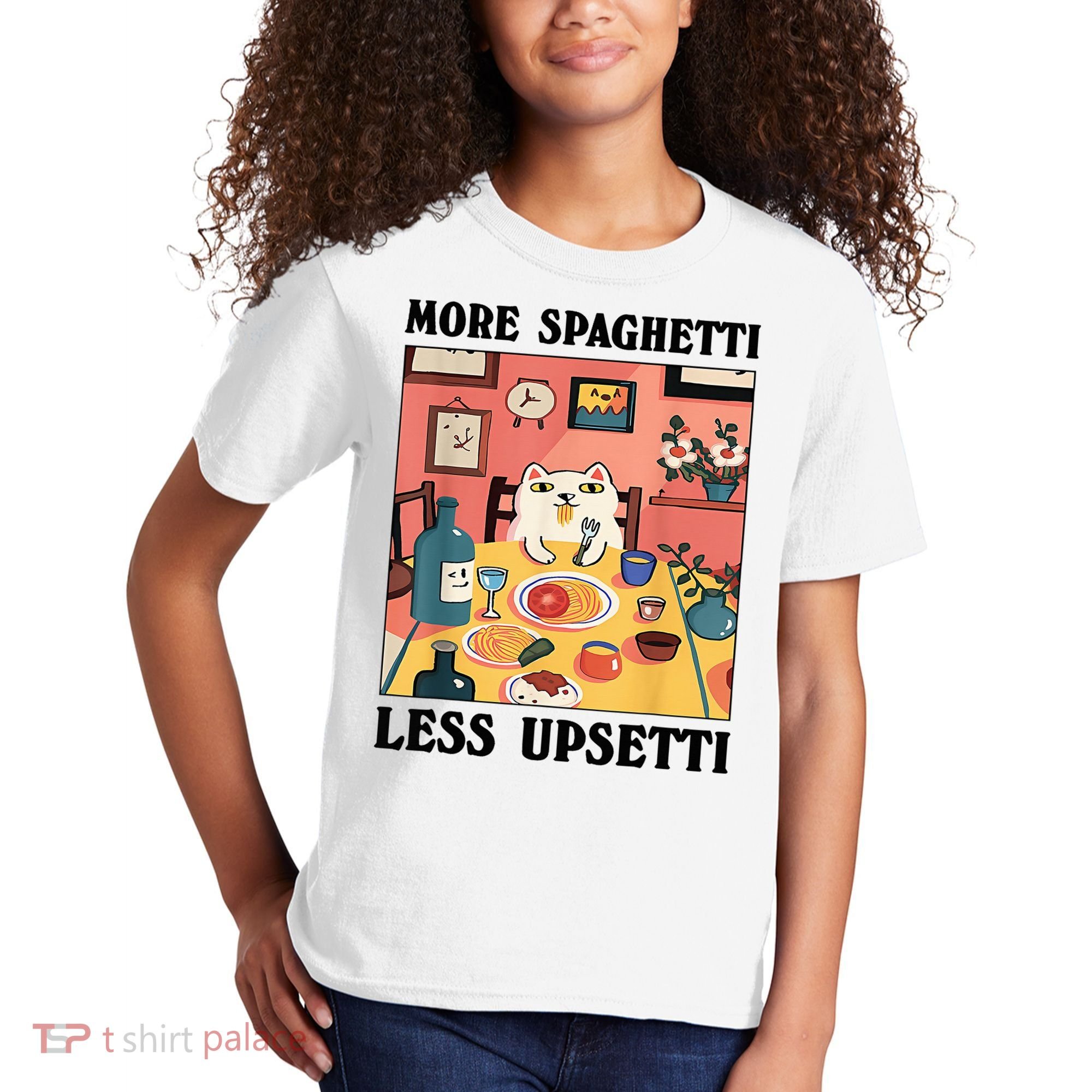 More Spaghetti Less Upsetti Cat Eating Spaghetti Kids T-Shirt