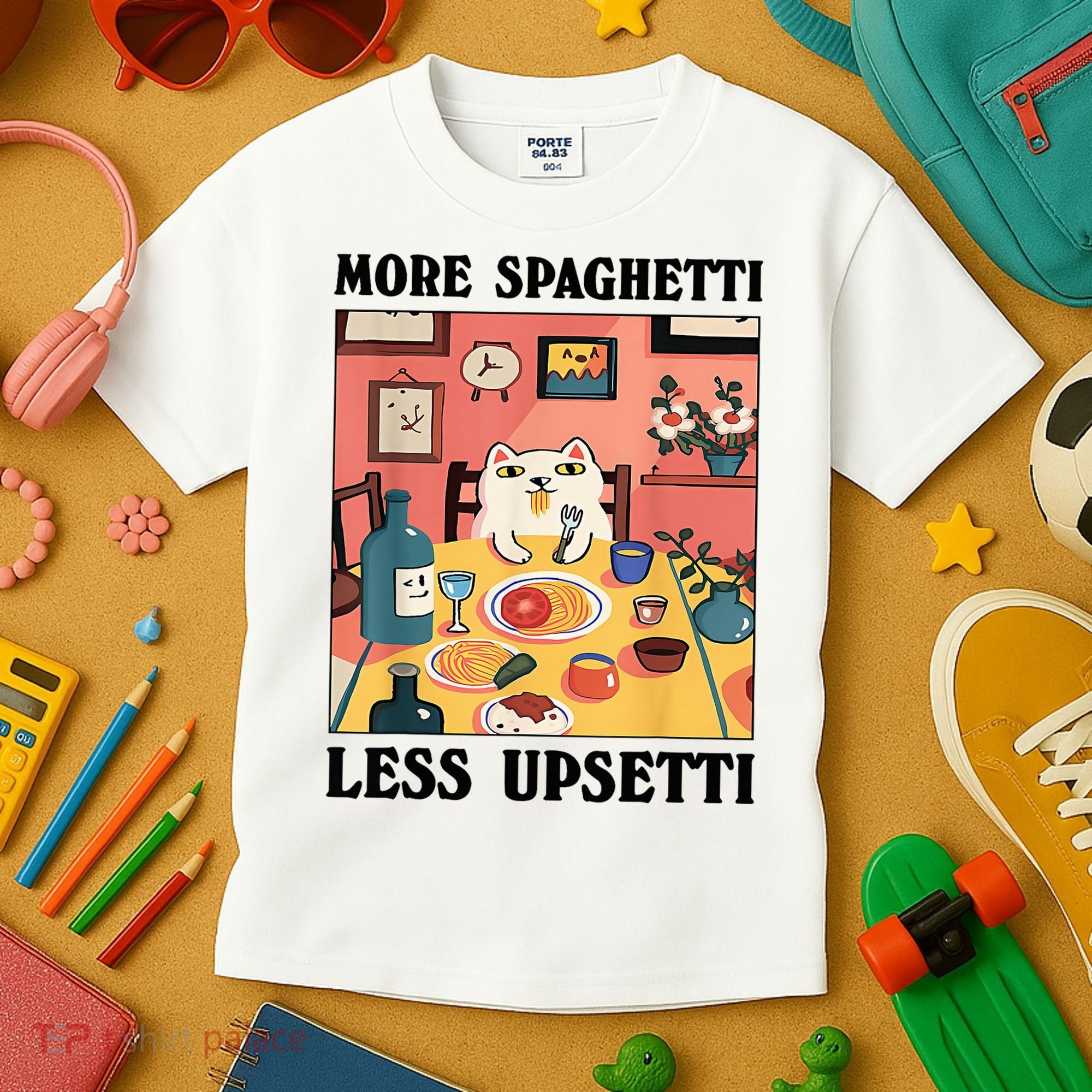 More Spaghetti Less Upsetti Cat Eating Spaghetti Kids T-Shirt