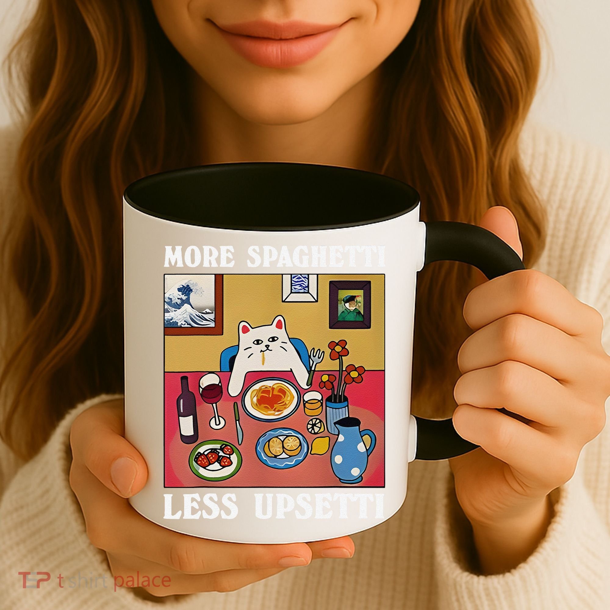 More Spaghetti Less Upsetti Funny Cute Cat Saying Quote Gift Coffee Mug