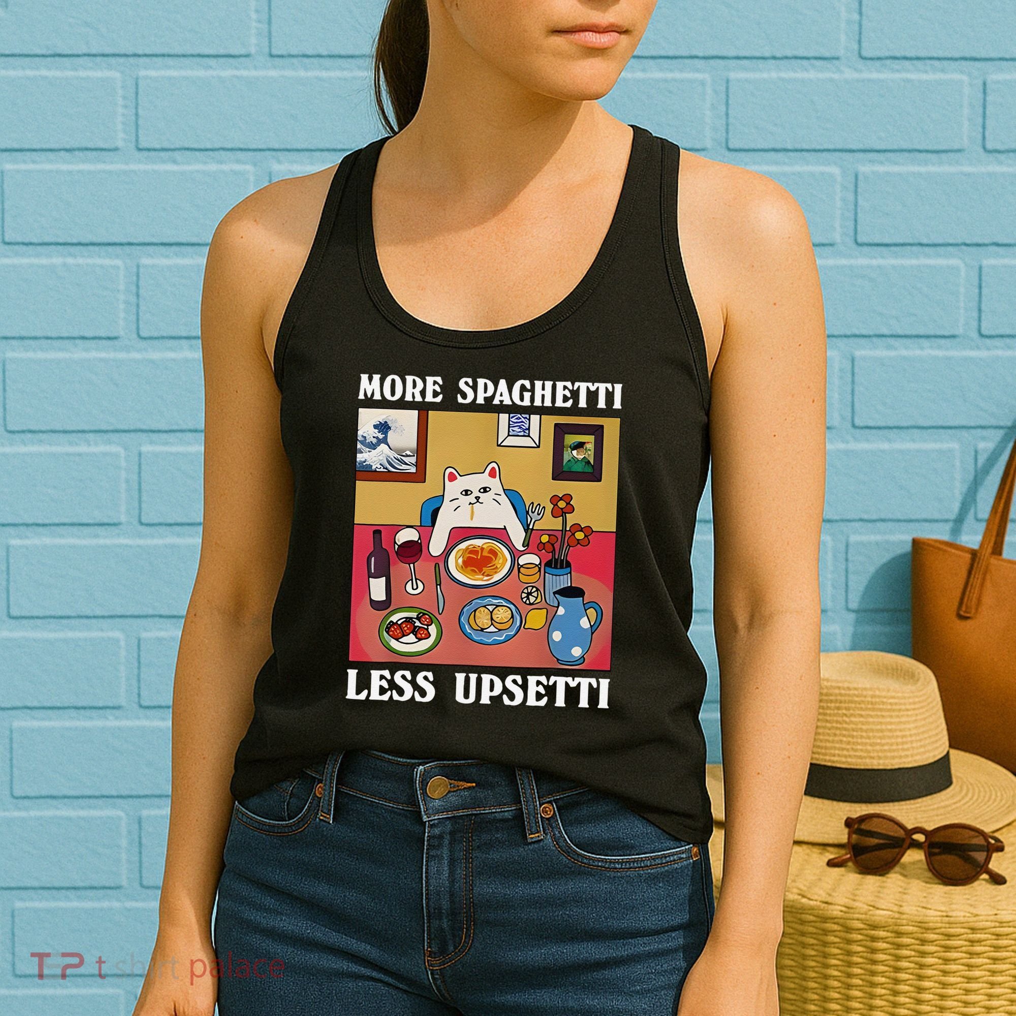 More Spaghetti Less Upsetti Funny Cute Cat Saying Quote Gift Women's Tank Top