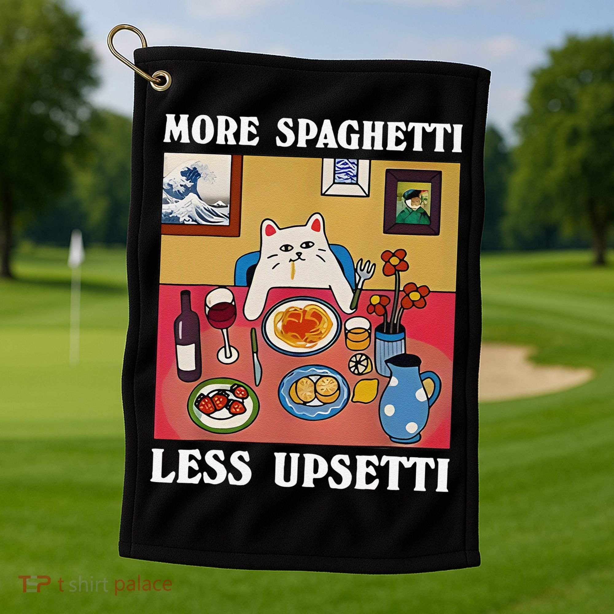 More Spaghetti Less Upsetti Funny Cute Cat Saying Quote Gift Golf Towel