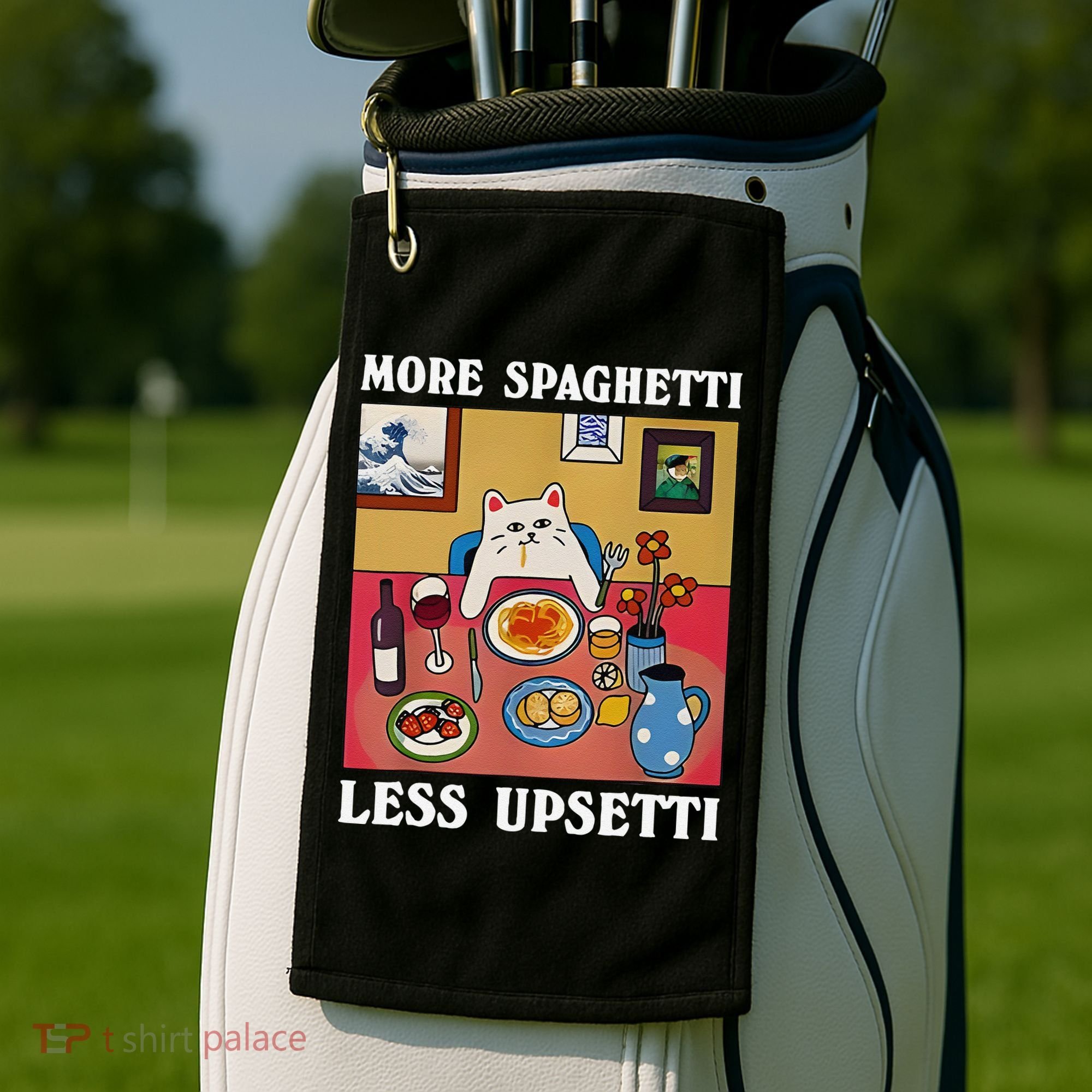 More Spaghetti Less Upsetti Funny Cute Cat Saying Quote Gift Golf Towel