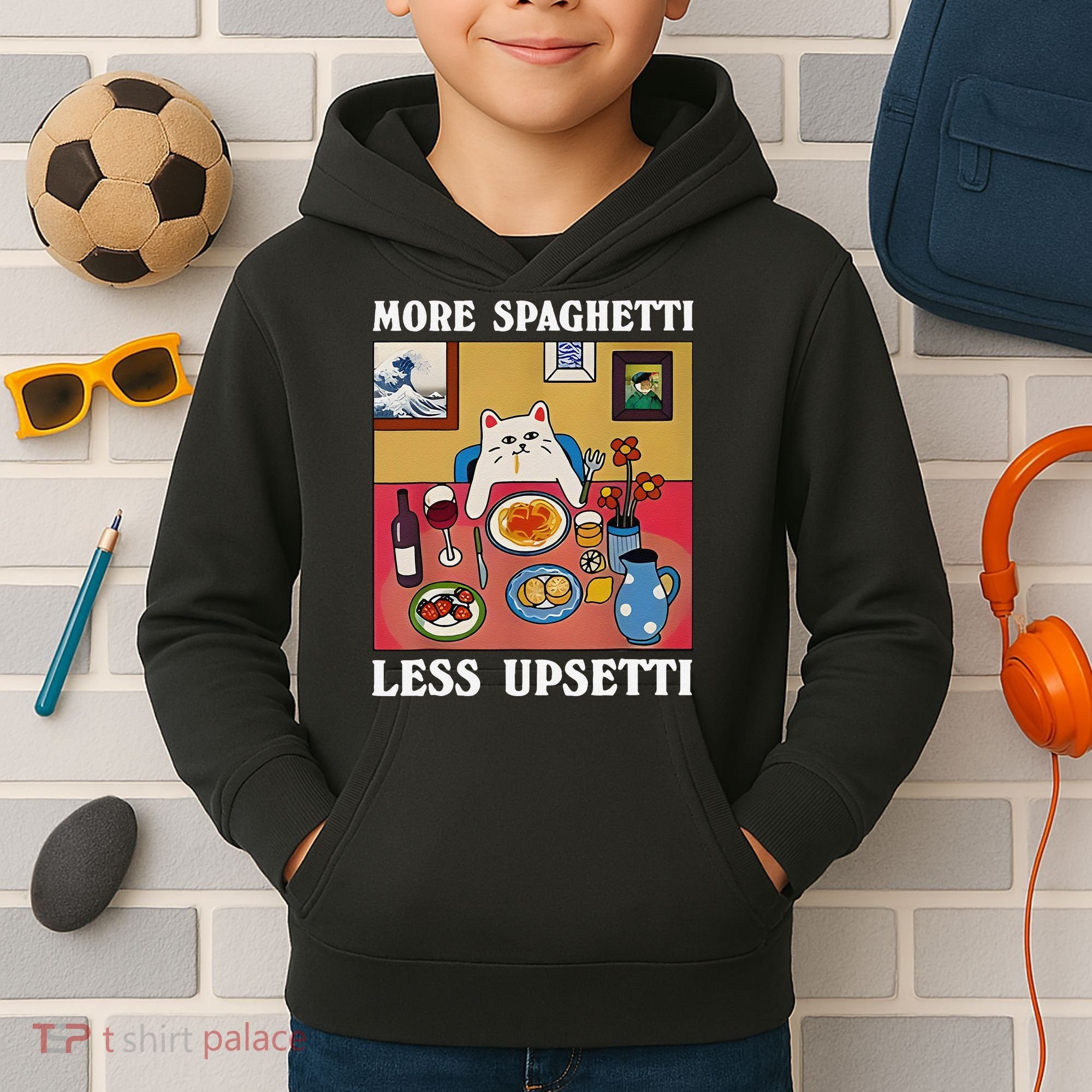 More Spaghetti Less Upsetti Funny Cute Cat Saying Quote Gift Kids Hoodie