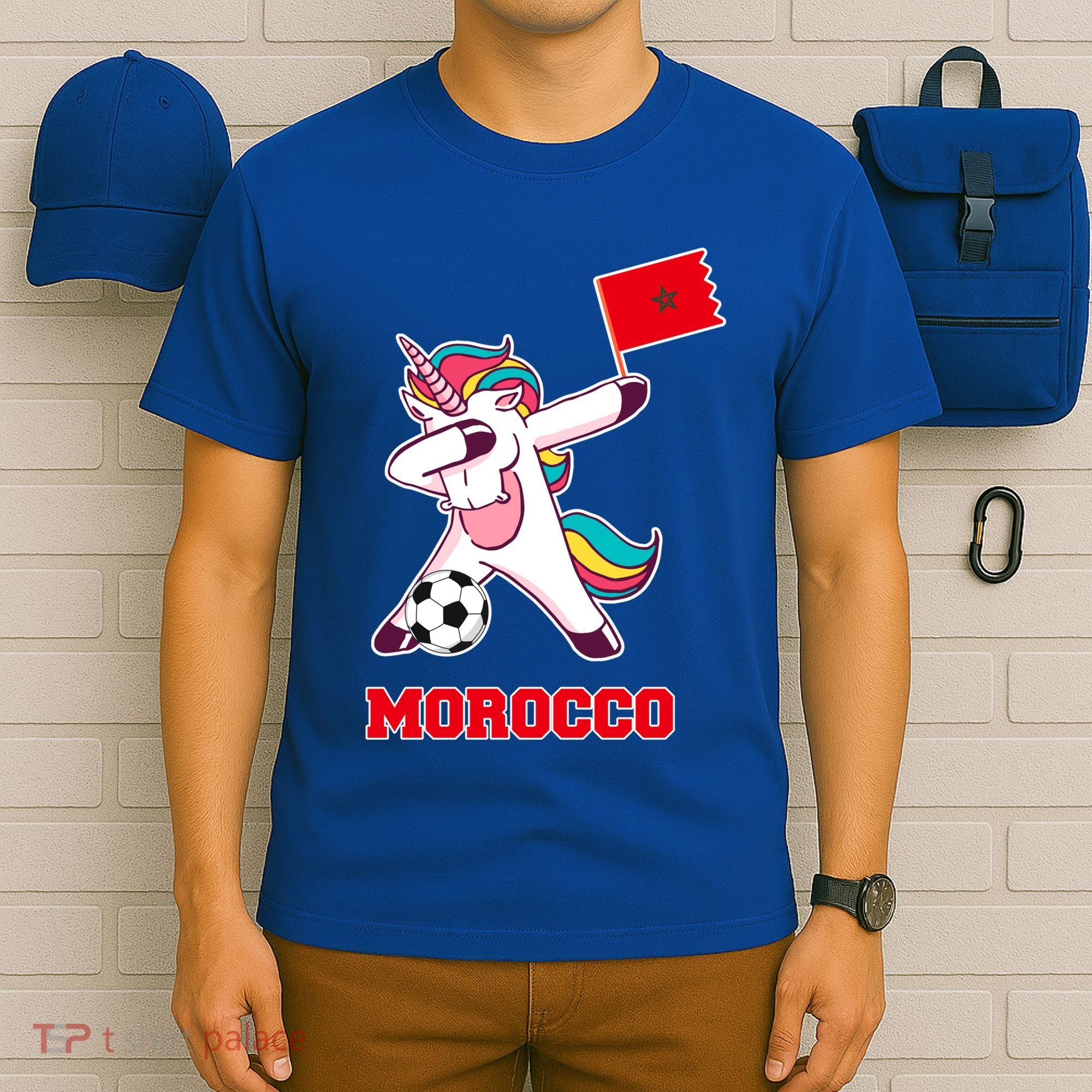 Morocco Soccer Meaningful Gift Dabbing Unicorn Moroccan Flag Gift T-Shirt