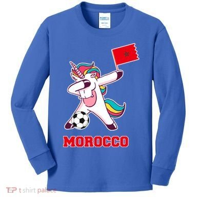 Morocco Soccer Meaningful Gift Dabbing Unicorn Moroccan Flag Gift Kids Long Sleeve Shirt