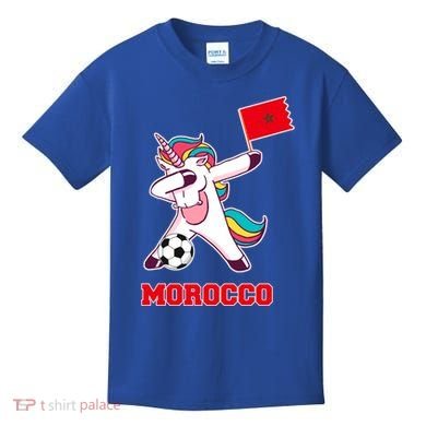 Morocco Soccer Meaningful Gift Dabbing Unicorn Moroccan Flag Gift Kids T-Shirt