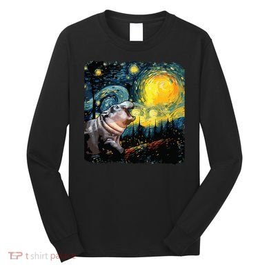 Moodeng Starry Night Van Gogh Funny Moodeng Meme Long Sleeve Shirt