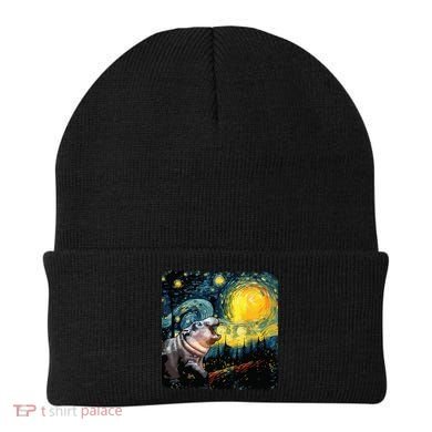 Moodeng Starry Night Van Gogh Funny Moodeng Meme Beanie