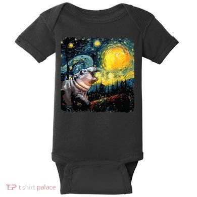 Moodeng Starry Night Van Gogh Funny Moodeng Meme Baby Bodysuit