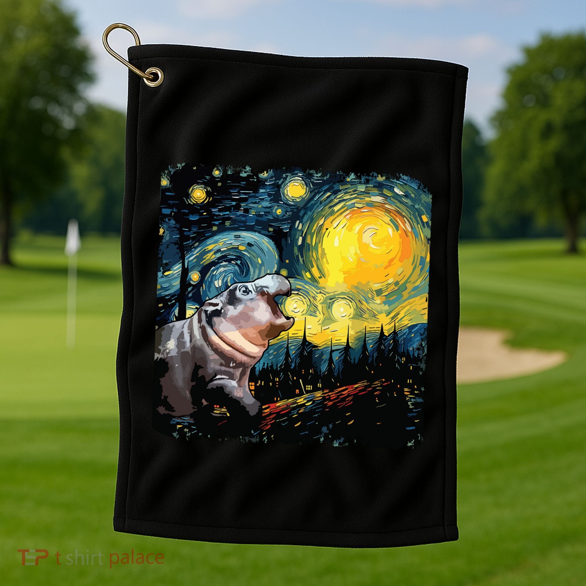 Moodeng Starry Night Van Gogh Funny Moodeng Meme Golf Towel