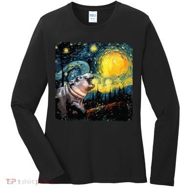 Moodeng Starry Night Van Gogh Funny Moodeng Meme Women's Long Sleeve Shirt