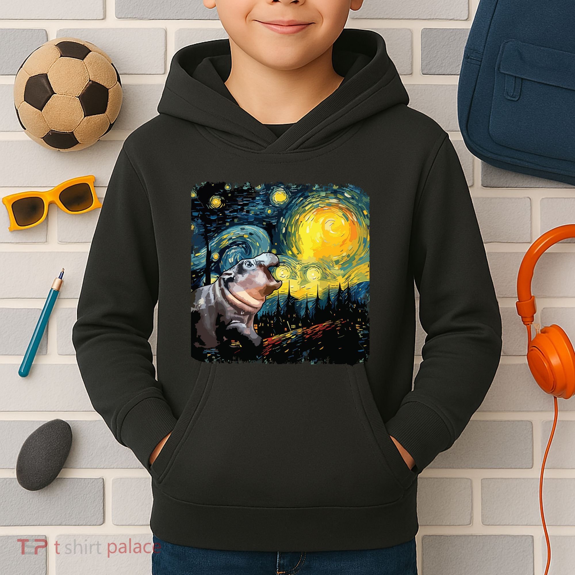 Moodeng Starry Night Van Gogh Funny Moodeng Meme Kids Hoodie