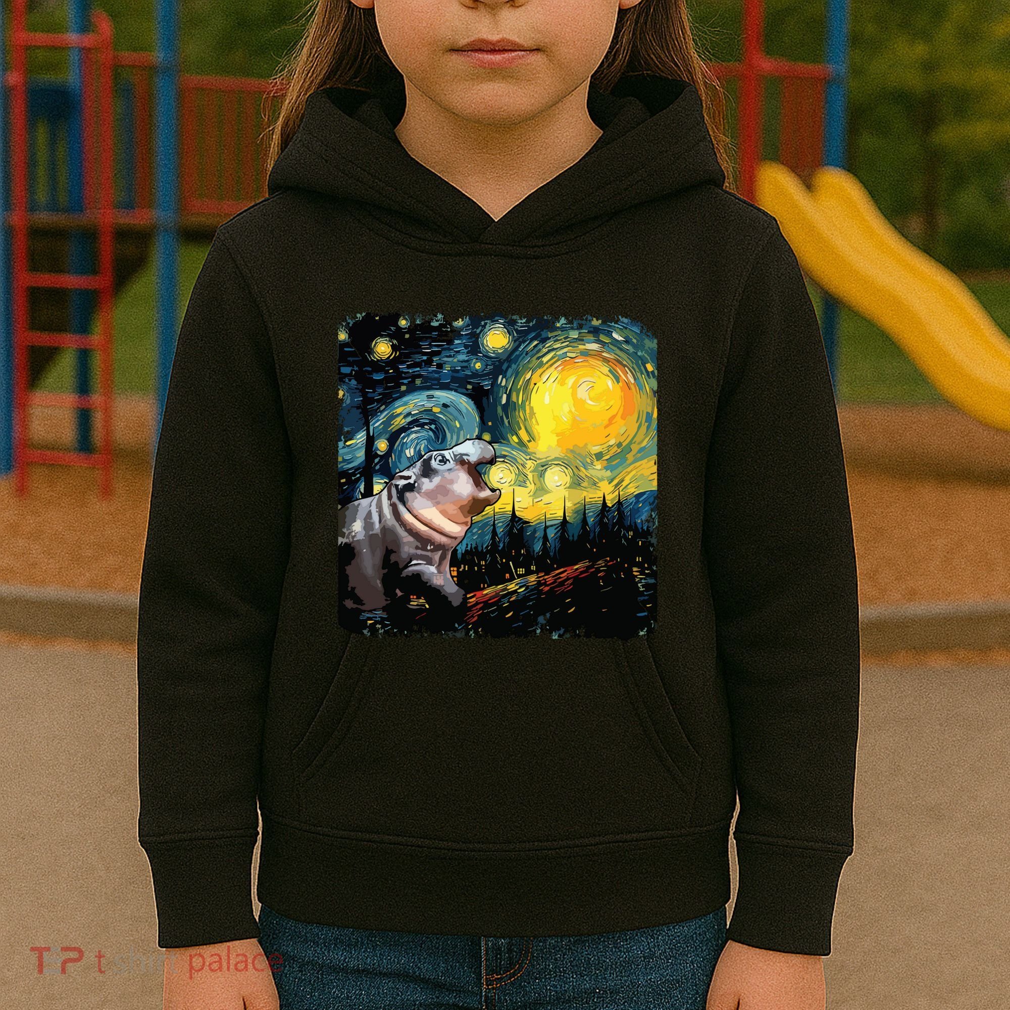 Moodeng Starry Night Van Gogh Funny Moodeng Meme Kids Hoodie
