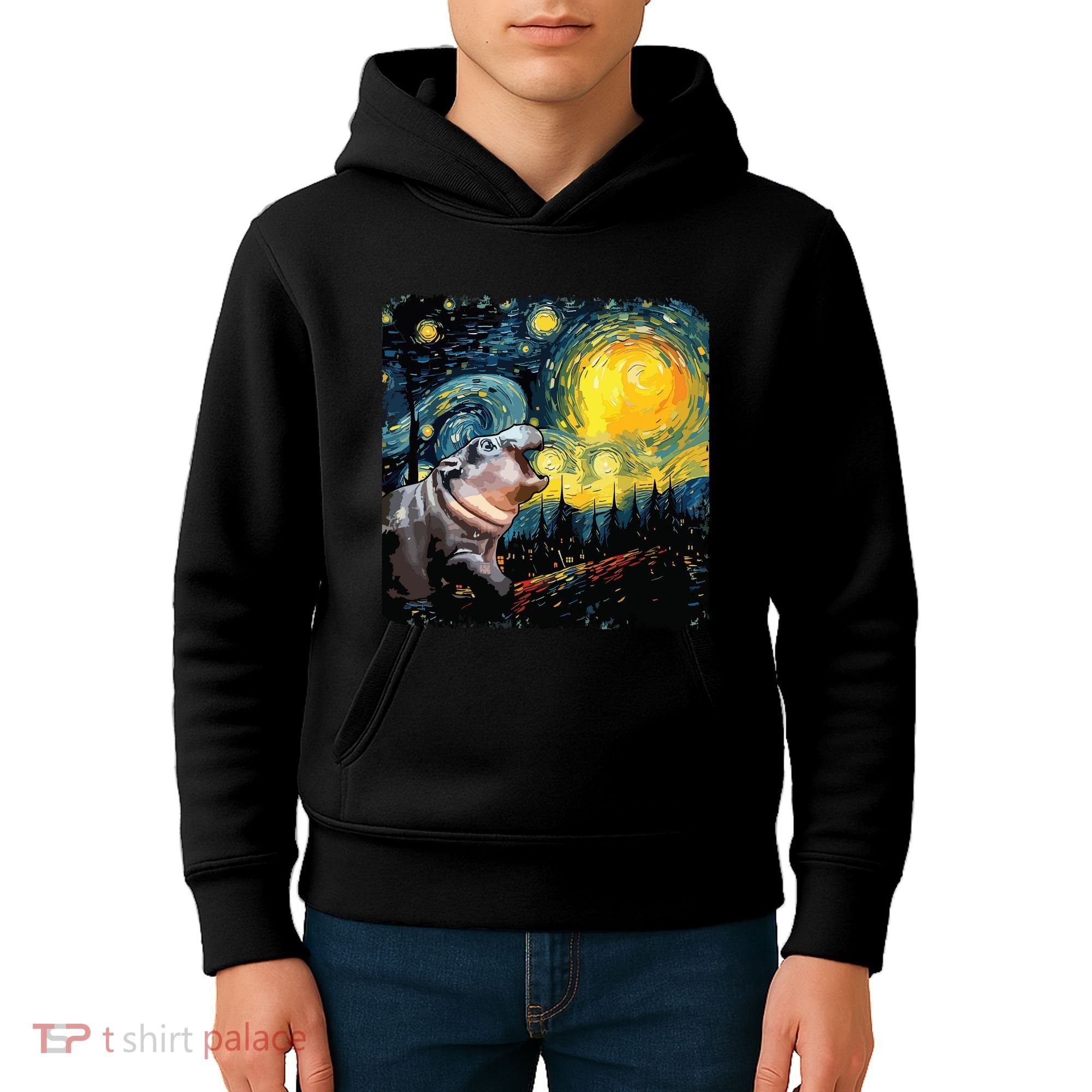 Moodeng Starry Night Van Gogh Funny Moodeng Meme Kids Hoodie
