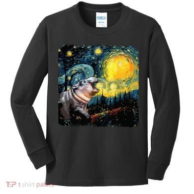 Moodeng Starry Night Van Gogh Funny Moodeng Meme Kids Long Sleeve Shirt
