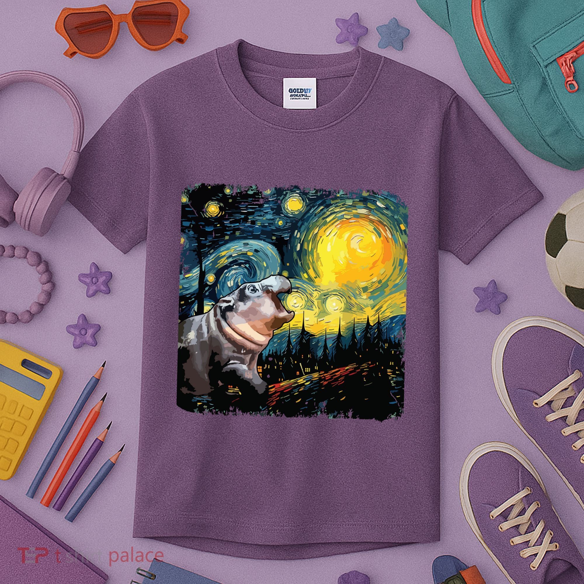 Moodeng Starry Night Van Gogh Funny Moodeng Meme Kids T-Shirt