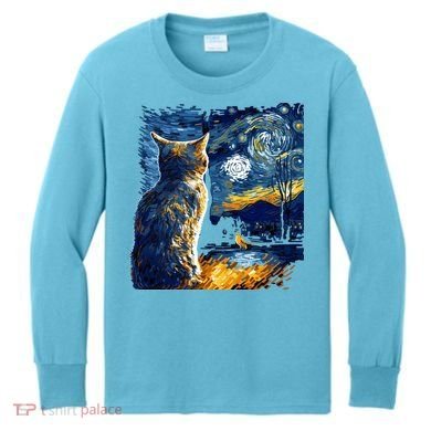 Majestic Starry Night Cat Kids Long Sleeve Shirt