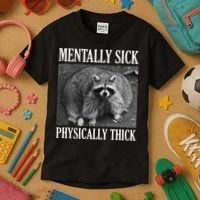 Mentally Sick Physically Thick Funny Raccoon Quote Kids T-Shirt thumb 3