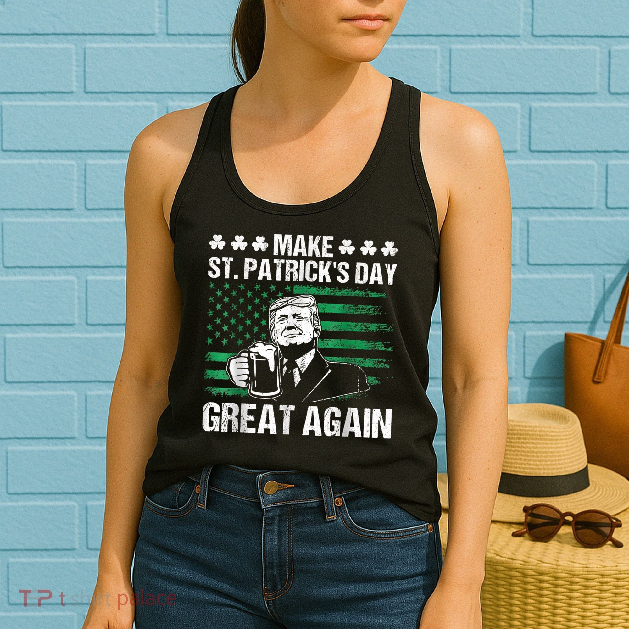 Make St Patricks Day Great Again Funny Trump Beer Drinking Women's Tank Top
