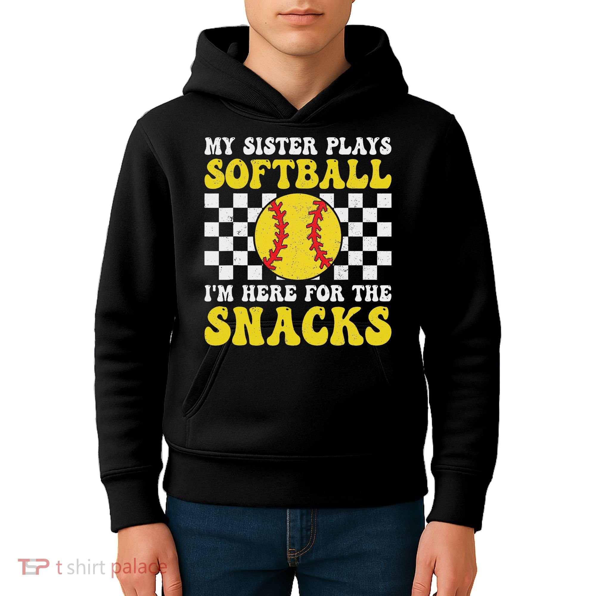 My Sister Plays Softball I'm Here For The Snacks Brother Kids Hoodie