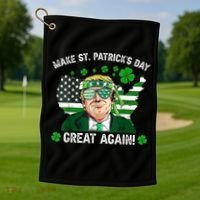 Make St Patrick's Day Great Again Trump Us Flag Irish Clover Gift Golf Towel thumb 1