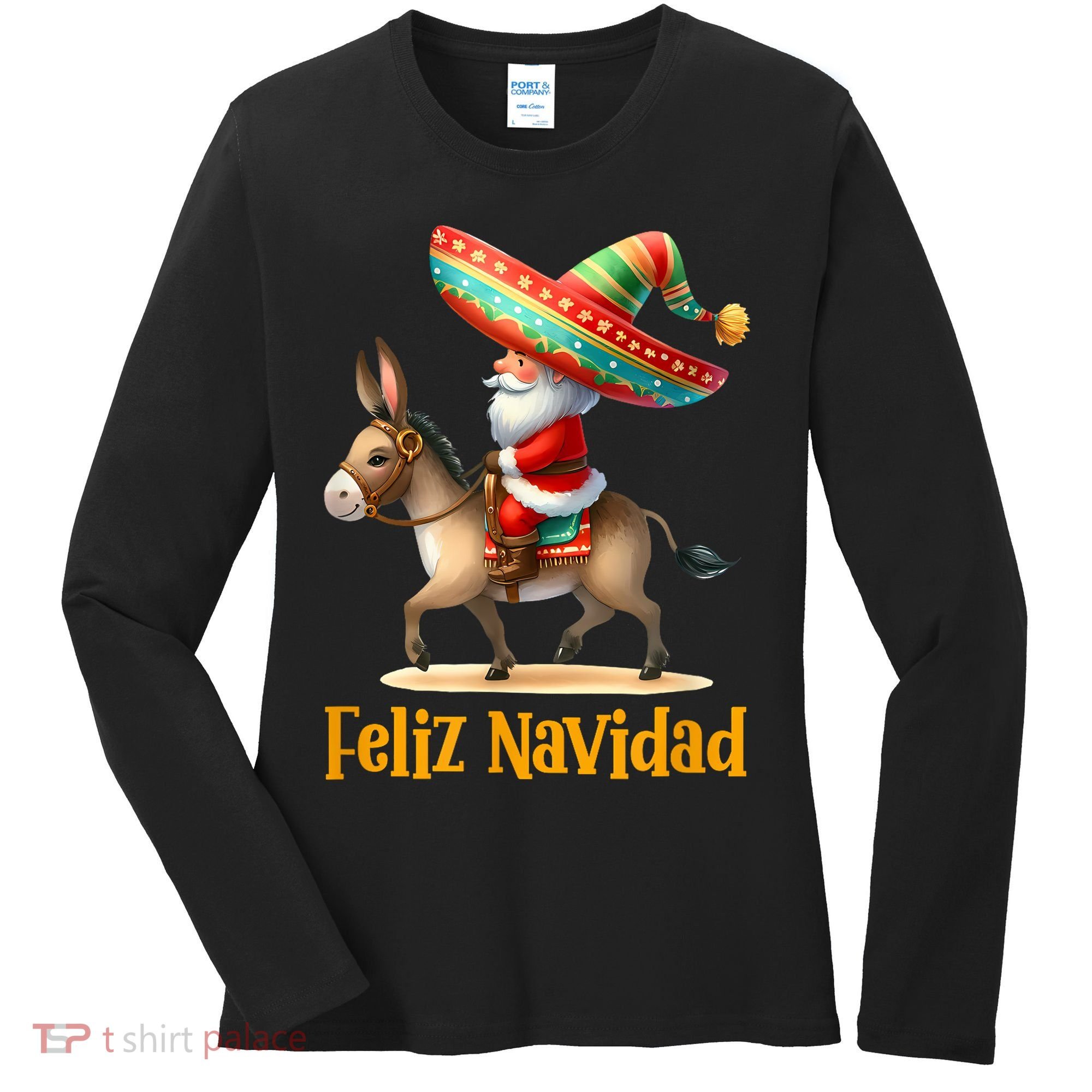Mexican Santa Riding Donkey Christmas Navidad Mexicana Women's Long Sleeve Shirt