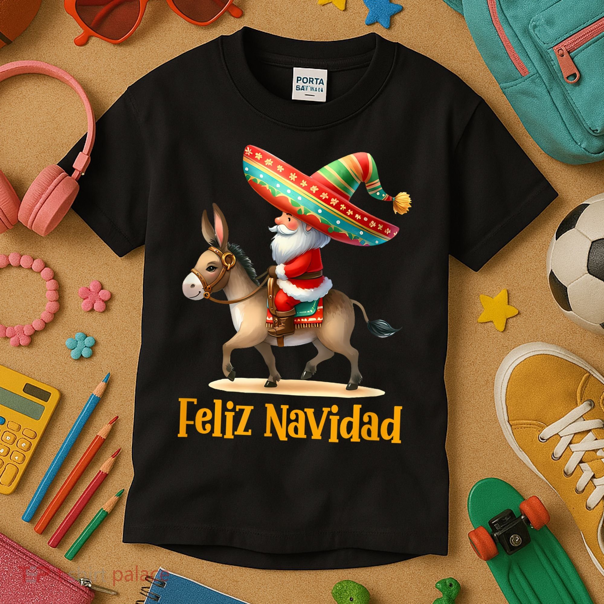 Mexican Santa Riding Donkey Christmas Navidad Mexicana Kids T-Shirt