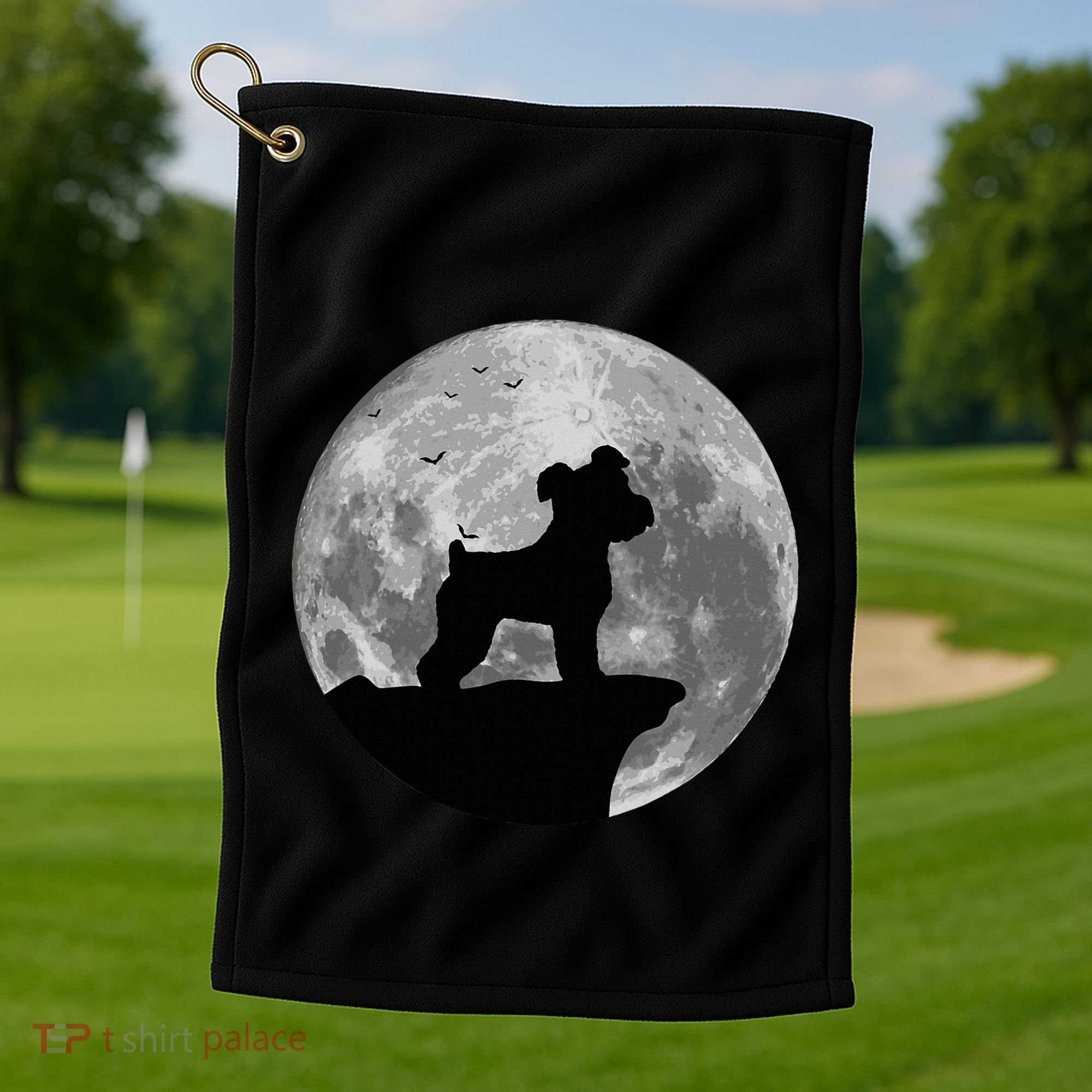 Miniature Schnauzer Silhouette In The Moon Costume Golf Towel