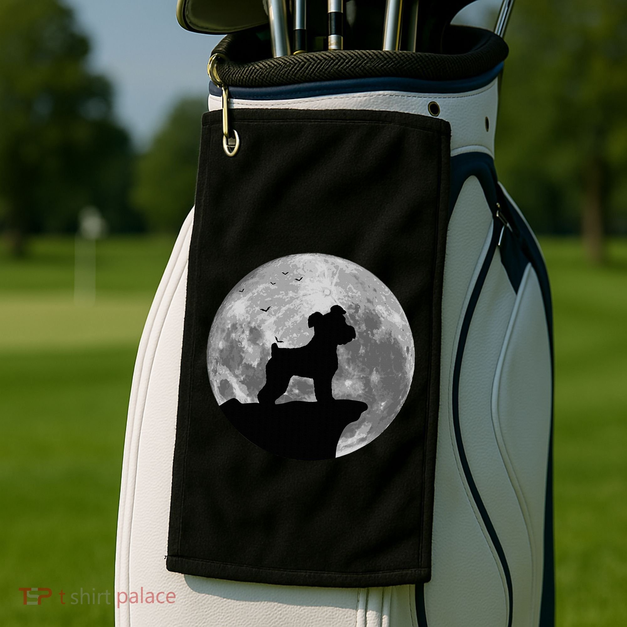 Miniature Schnauzer Silhouette In The Moon Costume Golf Towel