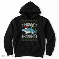 Merry Sharkmas Shark Santa Ugly Christmas Lights Xmas Hoodie thumb 0