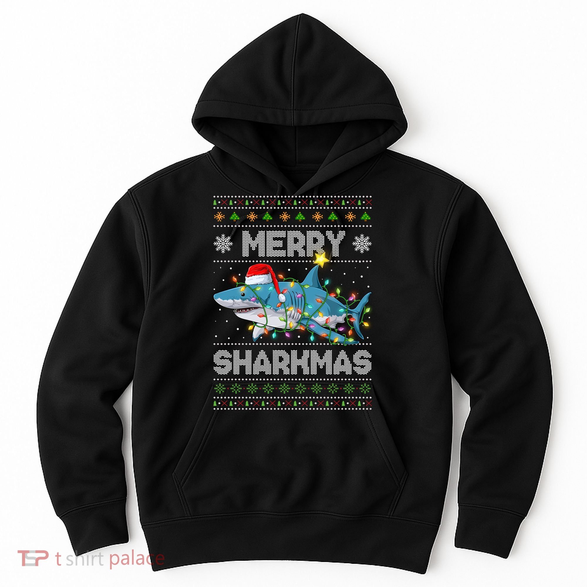 Merry Sharkmas Shark Santa Ugly Christmas Lights Xmas Hoodie