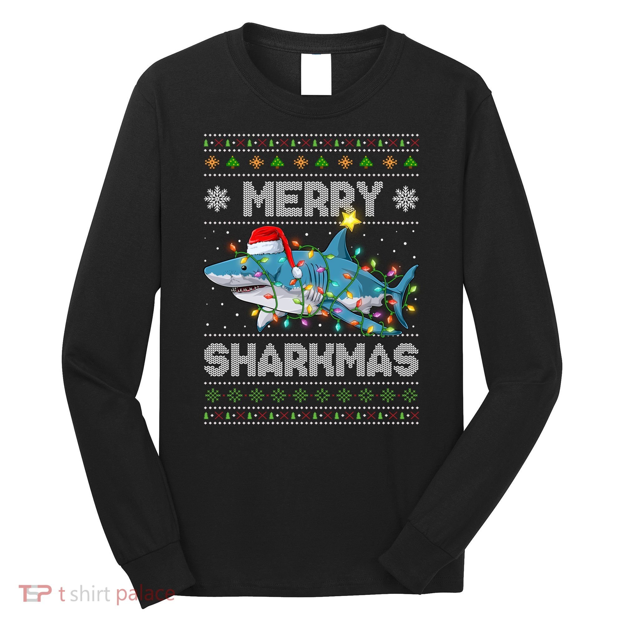 Merry Sharkmas Shark Santa Ugly Christmas Lights Xmas Long Sleeve Shirt