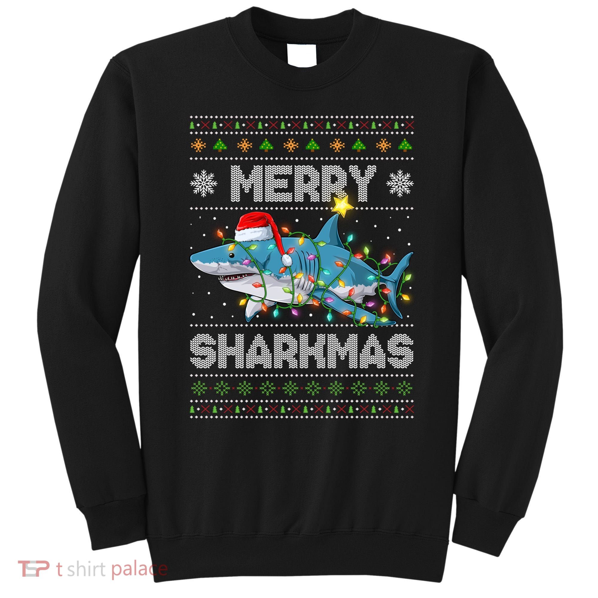 Merry Sharkmas Shark Santa Ugly Christmas Lights Xmas Sweatshirt