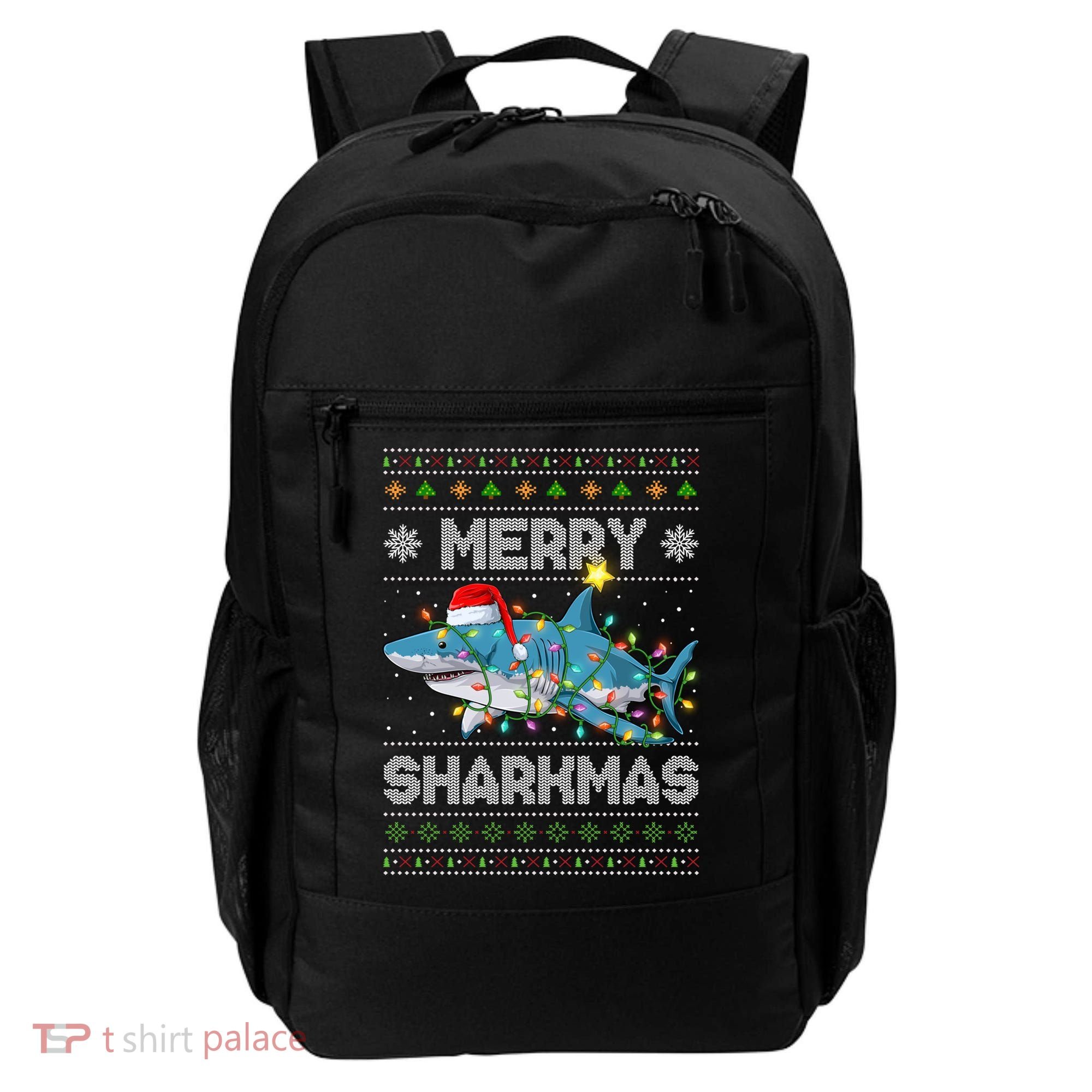 Merry Sharkmas Shark Santa Ugly Christmas Lights Xmas Backpack
