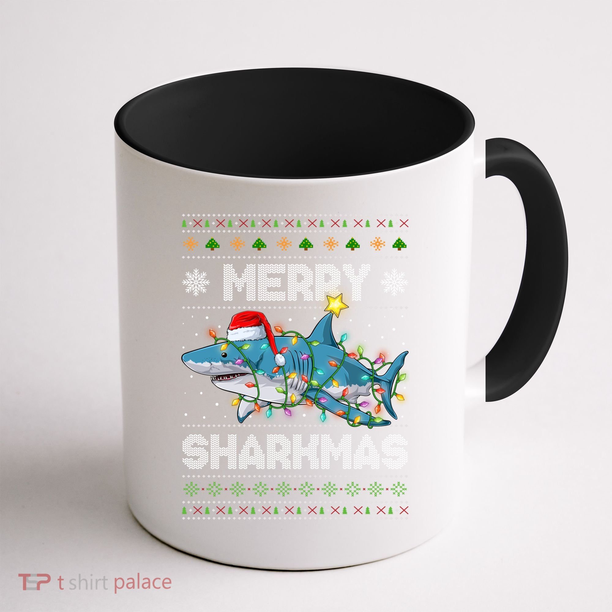 Merry Sharkmas Shark Santa Ugly Christmas Lights Xmas Coffee Mug