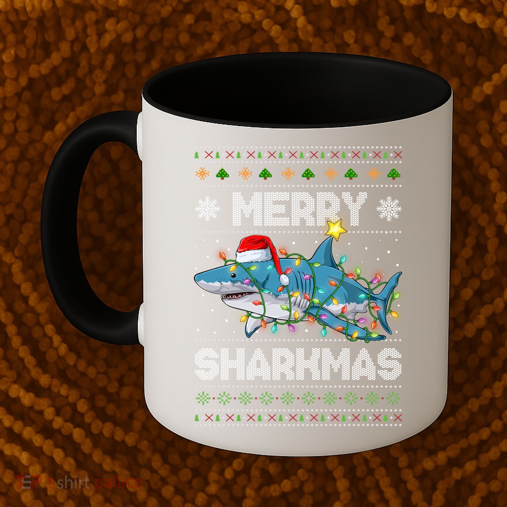 Merry Sharkmas Shark Santa Ugly Christmas Lights Xmas Coffee Mug
