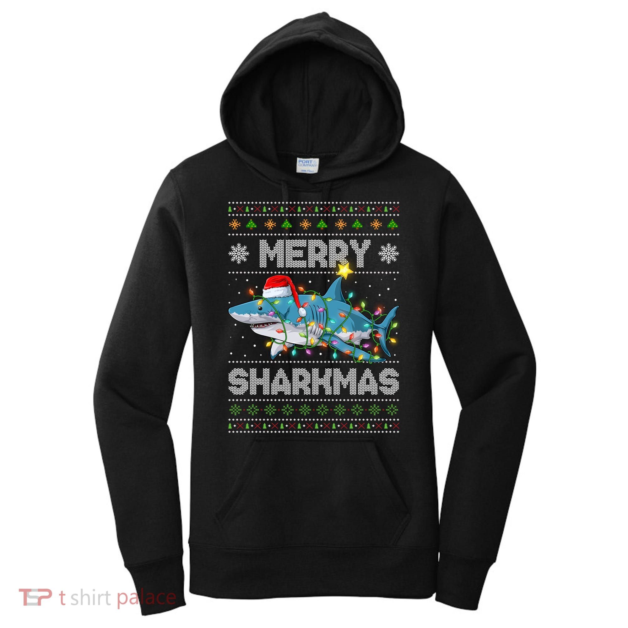 Merry Sharkmas Shark Santa Ugly Christmas Lights Xmas Women's Hoodie