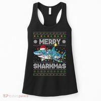Merry Sharkmas Shark Santa Ugly Christmas Lights Xmas Women's Tank Top thumb 0