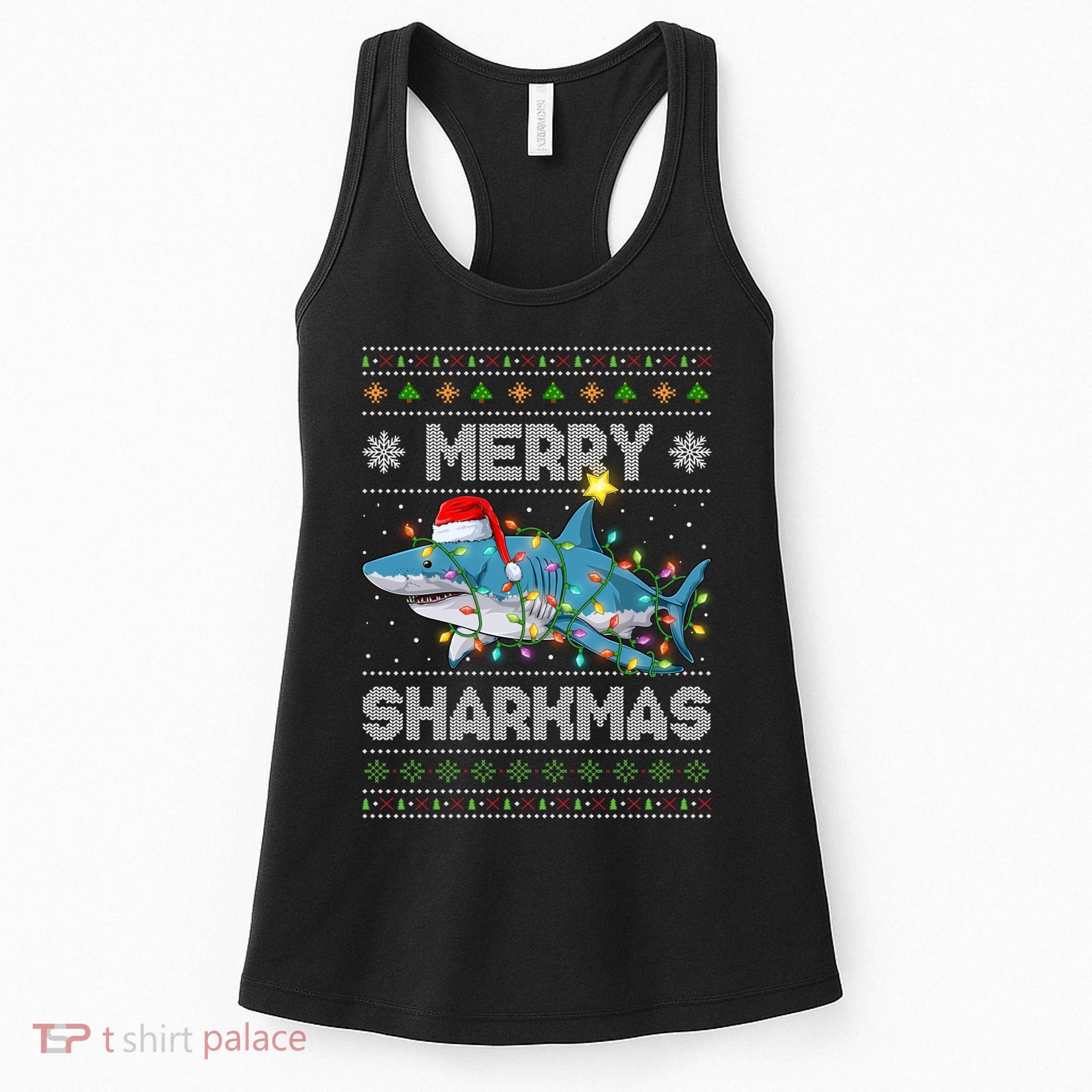 Merry Sharkmas Shark Santa Ugly Christmas Lights Xmas Women's Tank Top