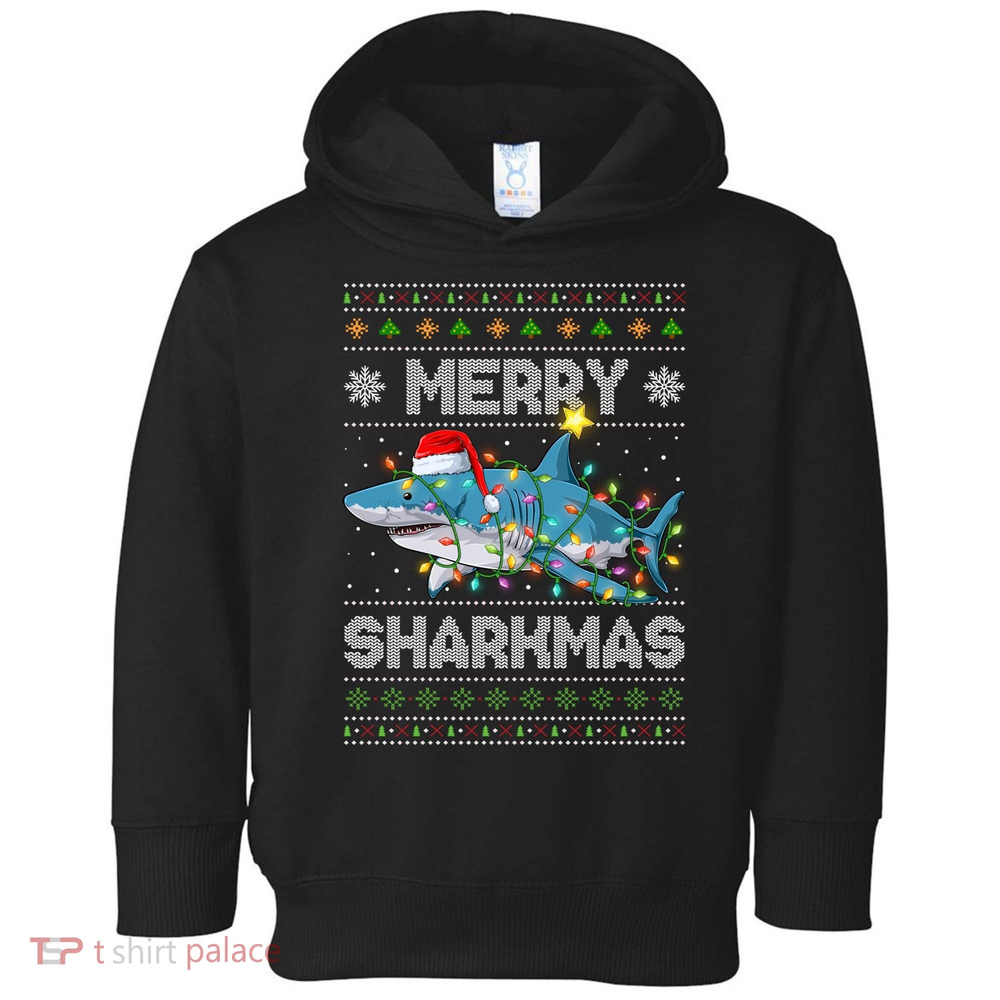 Merry Sharkmas Shark Santa Ugly Christmas Lights Xmas Toddler Hoodie