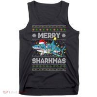 Merry Sharkmas Shark Santa Ugly Christmas Lights Xmas Tank Top thumb 0